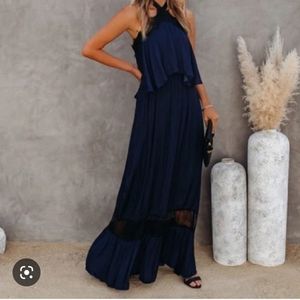 VICI Collection Claire Dress, Maxi Halter Lace top (Large) Navy Blue
